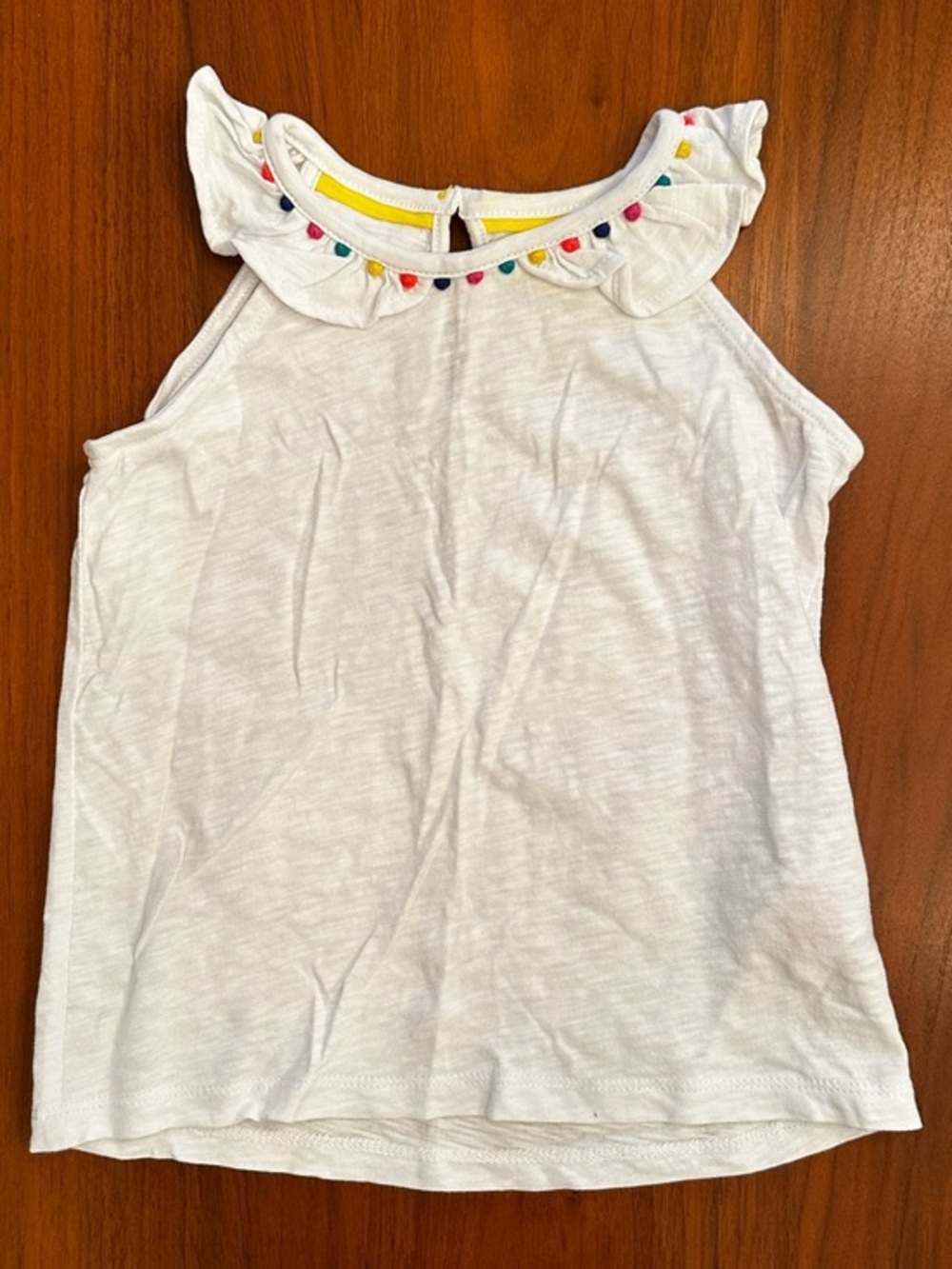 Mini Boden Girls' White Ruffle Collar Tank with Colorful Trim PomPoms size 4-5